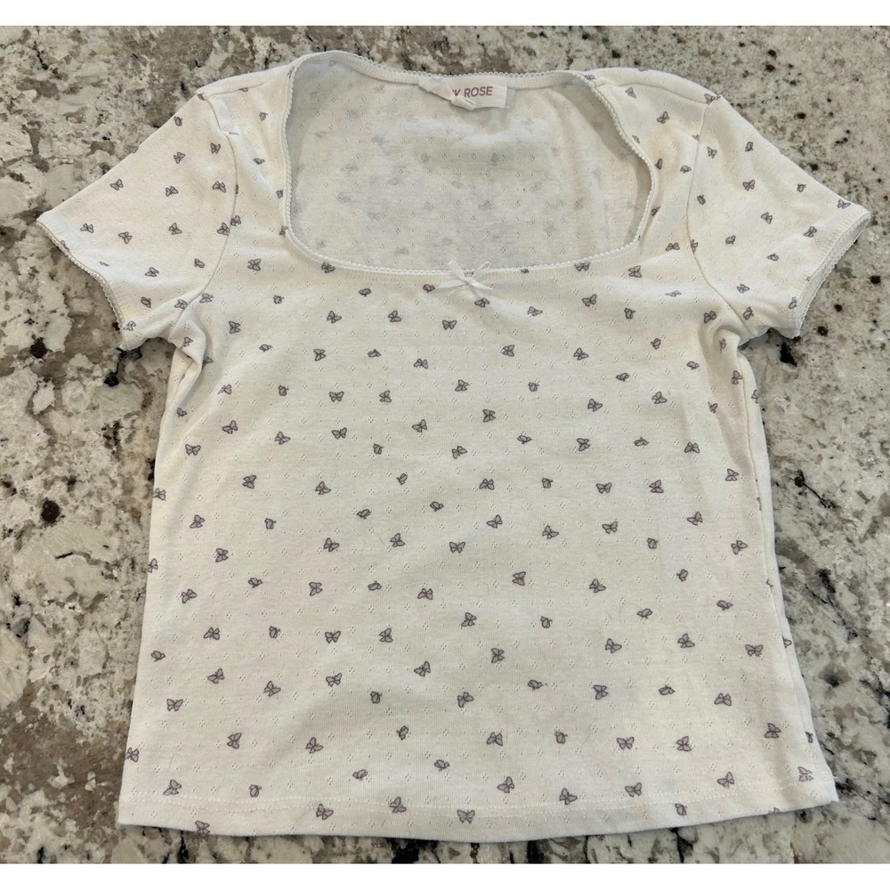 Pink Rose White Butterfly Print Square Neck Cropped Top Size M Feminine  Capsule